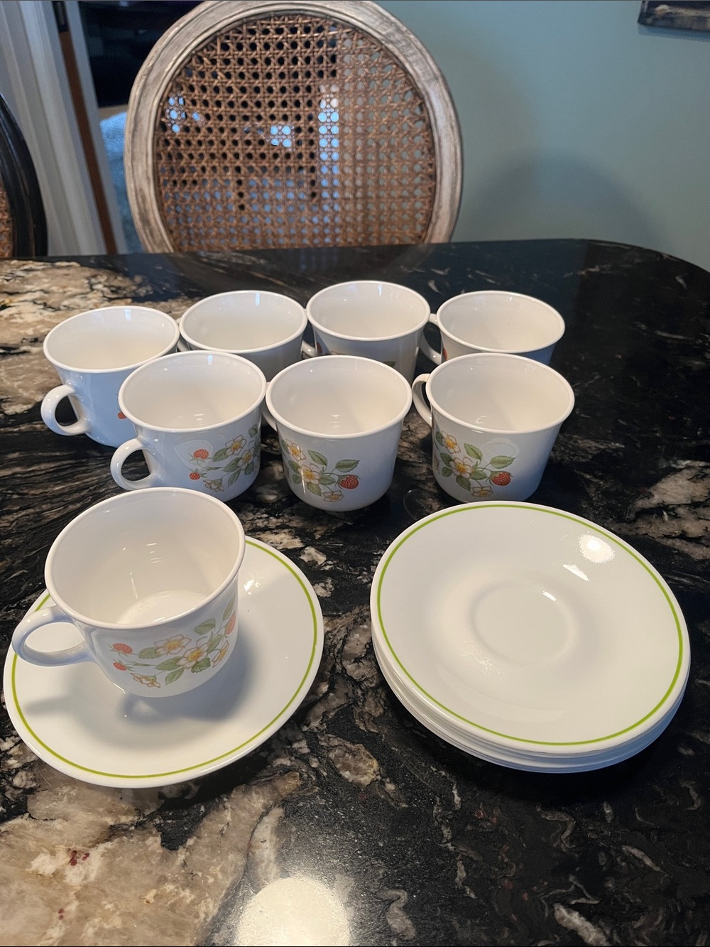 1983 Corelle Expressions Strawberry Sunday Tea Cups and 7 Saucers